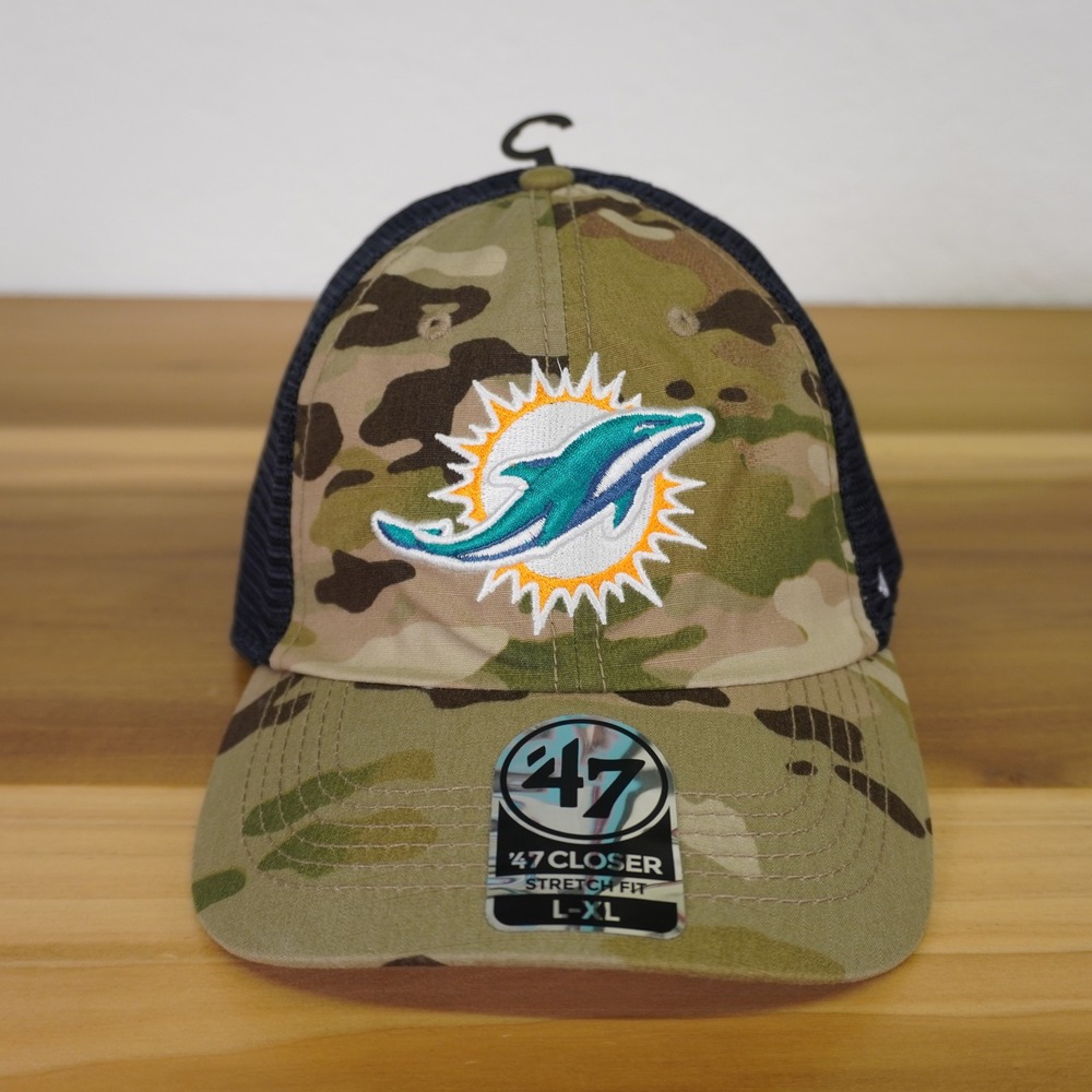 NEW Miami Dolphins Camo Trucker Hat '47 Mens L-XL NFL Compass Relaxed Closer